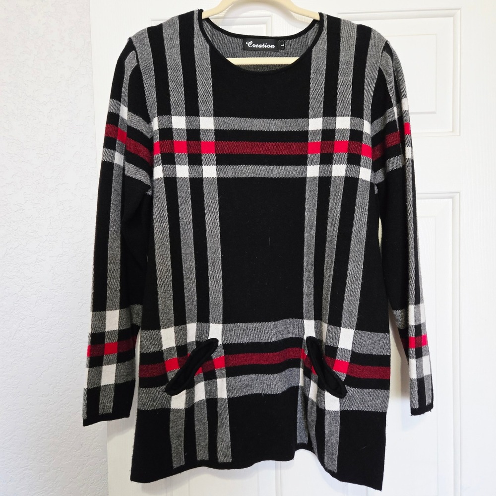 Creation Plaid Long Sleeve Knit‎ Tunic Top Womens L Black Red White Gray Pockets